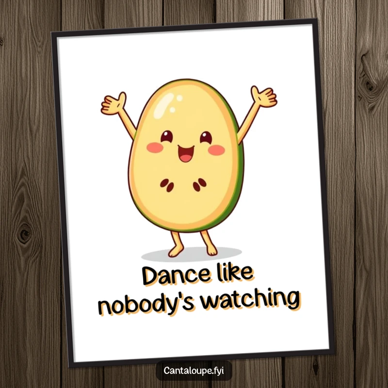 Funny cantaloupe slice character captured mid-dance on a poster, radiating happiness and fruity fun.