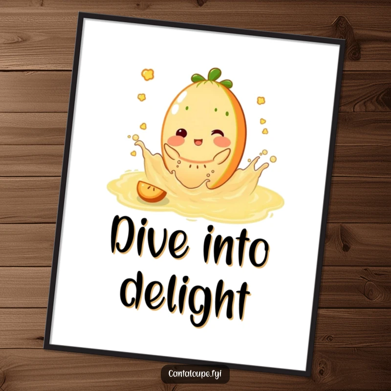 Funny Poster: Cantaloupe character splashing playfully in a pool of sweet juice, capturing the essence of summer delight.