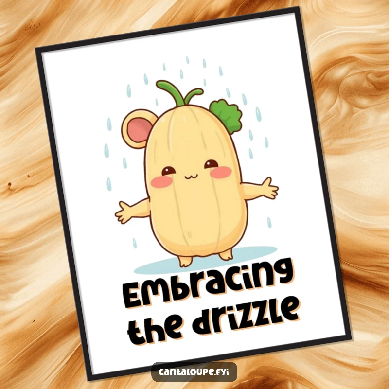 Funny cantaloupe character receiving a gentle rain shower, a calming poster artwork designed to bring serene vibes and smiles.