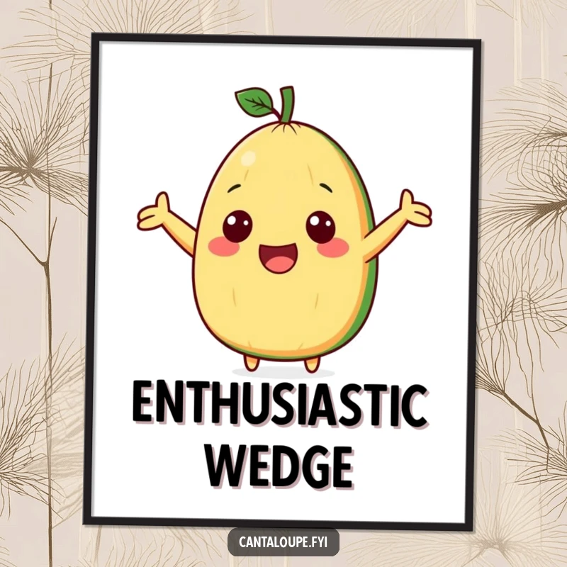Funny poster of a cute cantaloupe wedge character with arms outstretched, cheering loudly with infectious enthusiasm.
