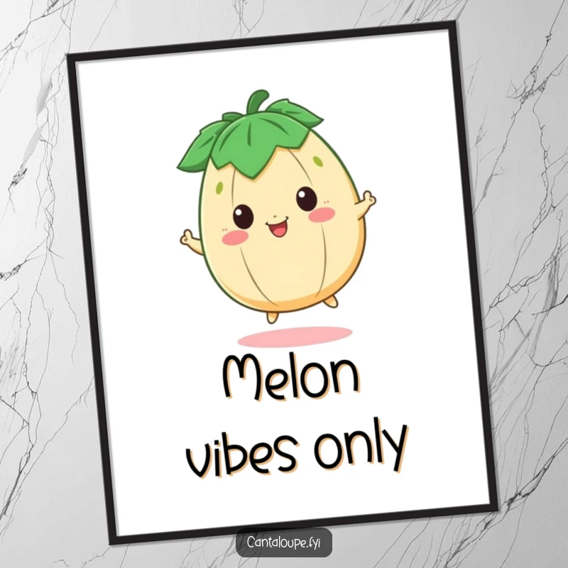 Funny Poster of a happy cantaloupe character joyfully bouncing, bringing vibrant energy and cheerful vibes to any room.