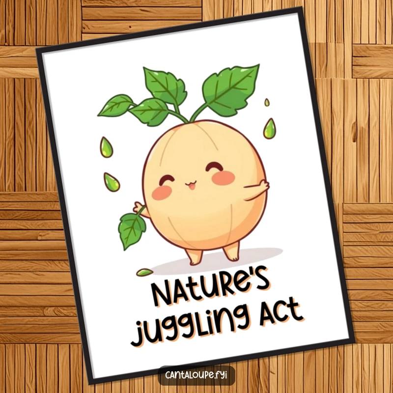 Funny cantaloupe character juggling dewy leaves, a vibrant poster capturing whimsy and active fun, perfect for laughter-filled spaces.