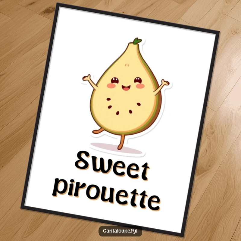 Funny poster of a smiling cantaloupe slice character doing a graceful, cheerful pirouette, adding artistic dance flair.
