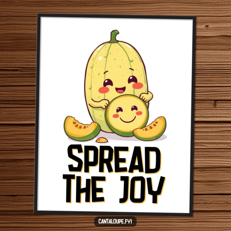 Funny poster art of a cantaloupe character enthusiastically carving a smiley face into a smaller melon, celebrating the joy of creation.