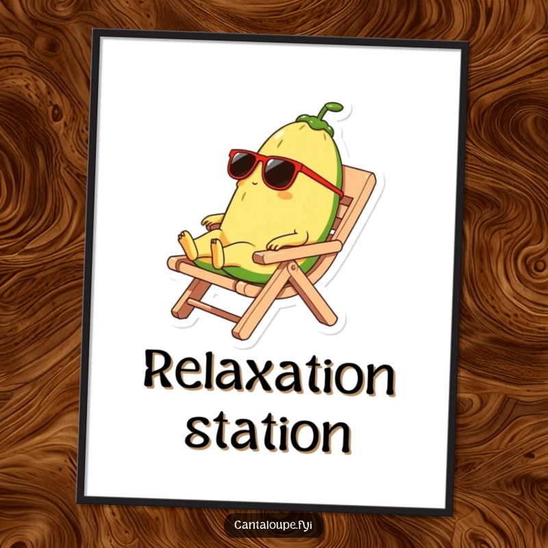 Funny poster art of a cantaloupe character wearing sunglasses and lounging on a rind beach chair, embodying pure, effortless cool.