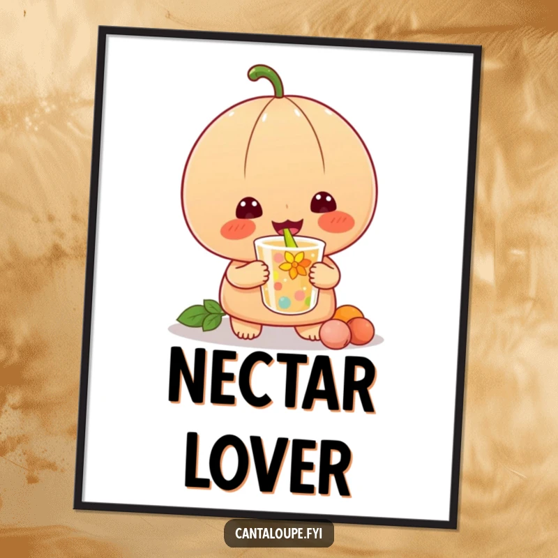 Funny poster capturing a cantaloupe character’s pure bliss while slurping a colorful drink, exuding happiness and joy.