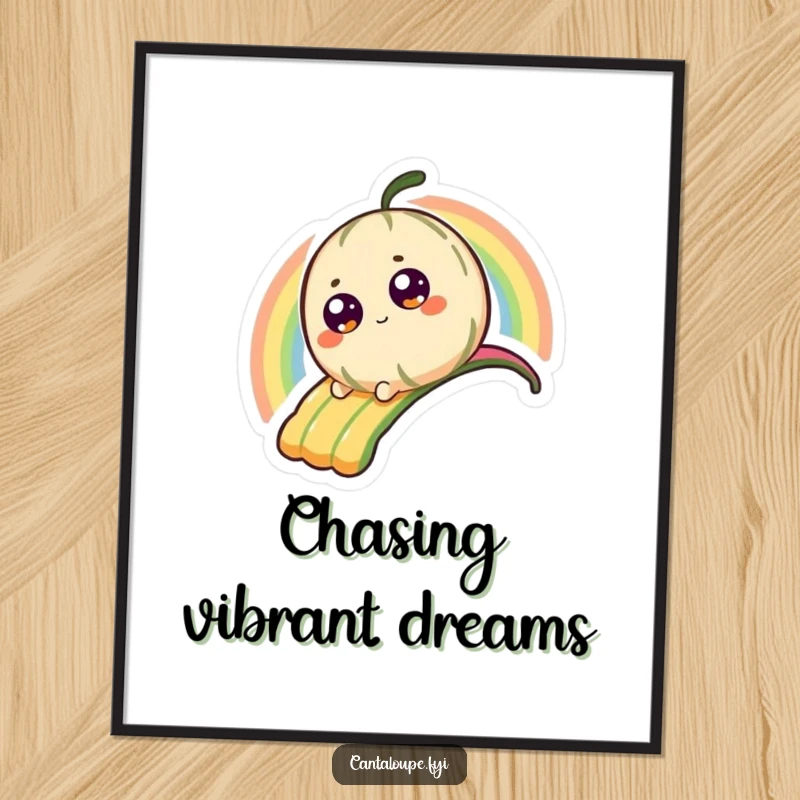 Funny Poster artwork of a tiny cantaloupe character with wide eyes, joyously sliding down a brilliant, multi-hued rainbow.