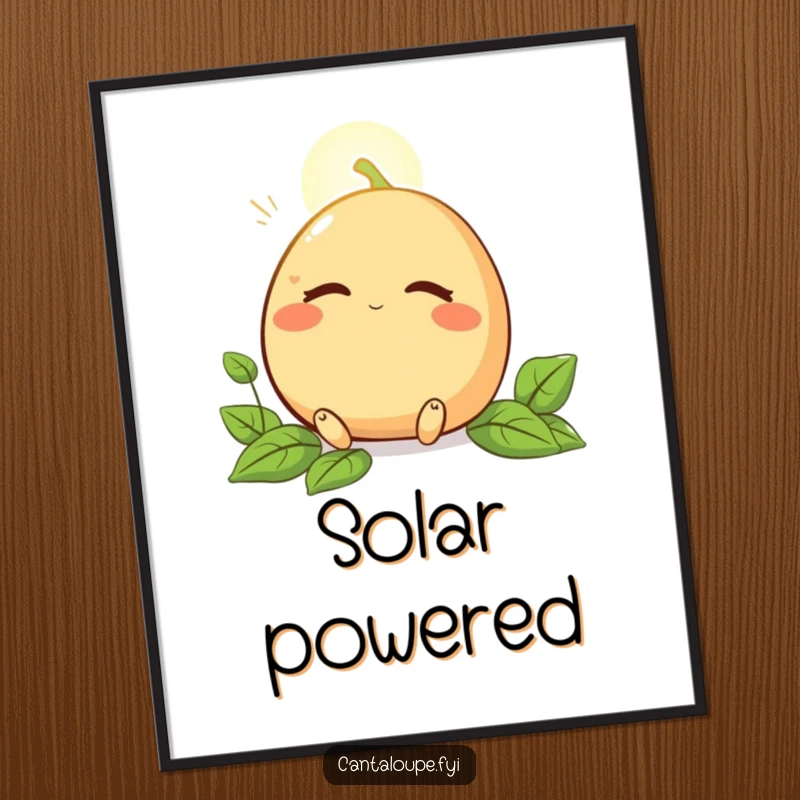 Funny poster capturing a cantaloupe character with closed eyes, peacefully soaking in the warmth of a sunbeam.