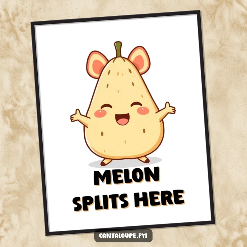 Funny poster of an anthropomorphic cantaloupe character performing an impressive, joyful split, full of energy and humor.
