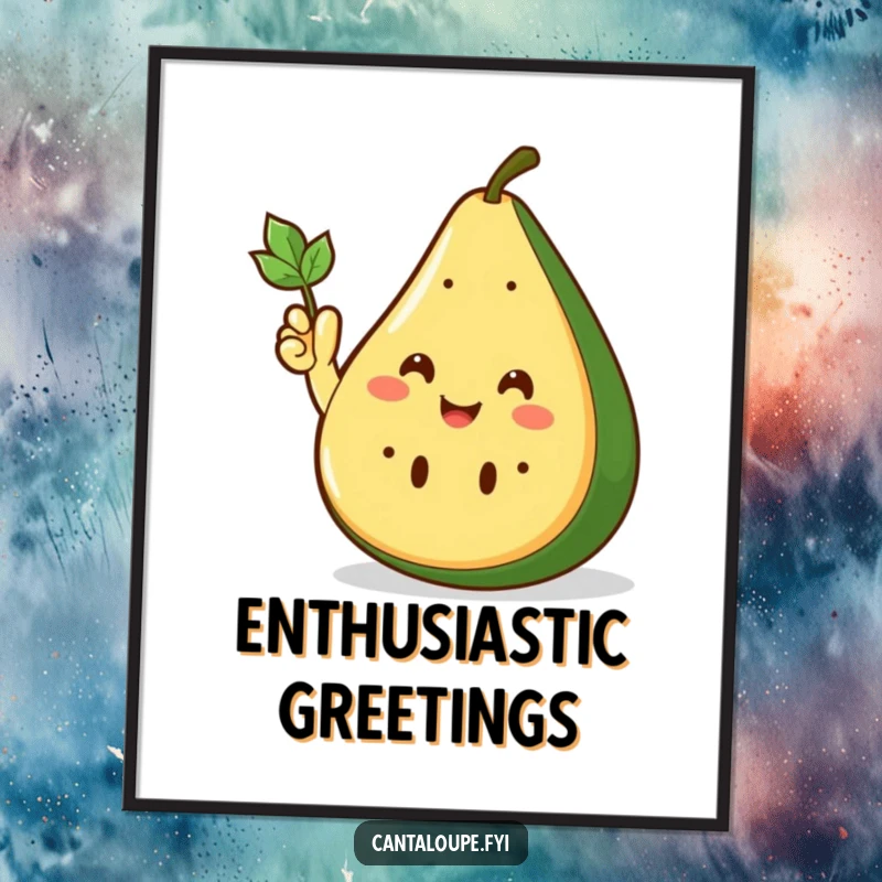 Funny Poster artwork of a smiling cantaloupe wedge giving an enthusiastic wave with its small leafy hand, radiating warmth.