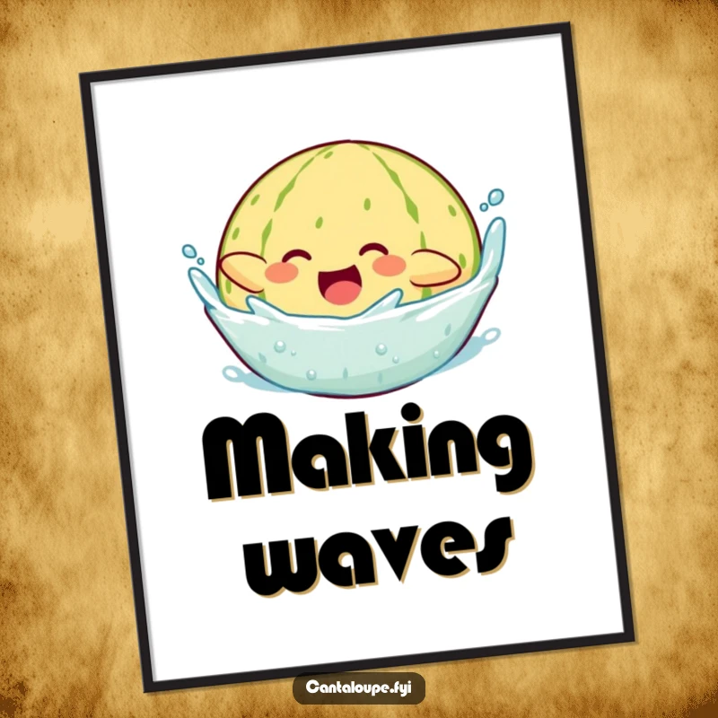 Funny poster art of a cantaloupe character joyfully diving into water, its descent creating a dynamic and exhilarating splash.