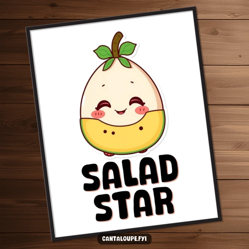 Funny cantaloupe character with an excited expression, overjoyed to be part of a fruit salad, creating cheerful wall art.