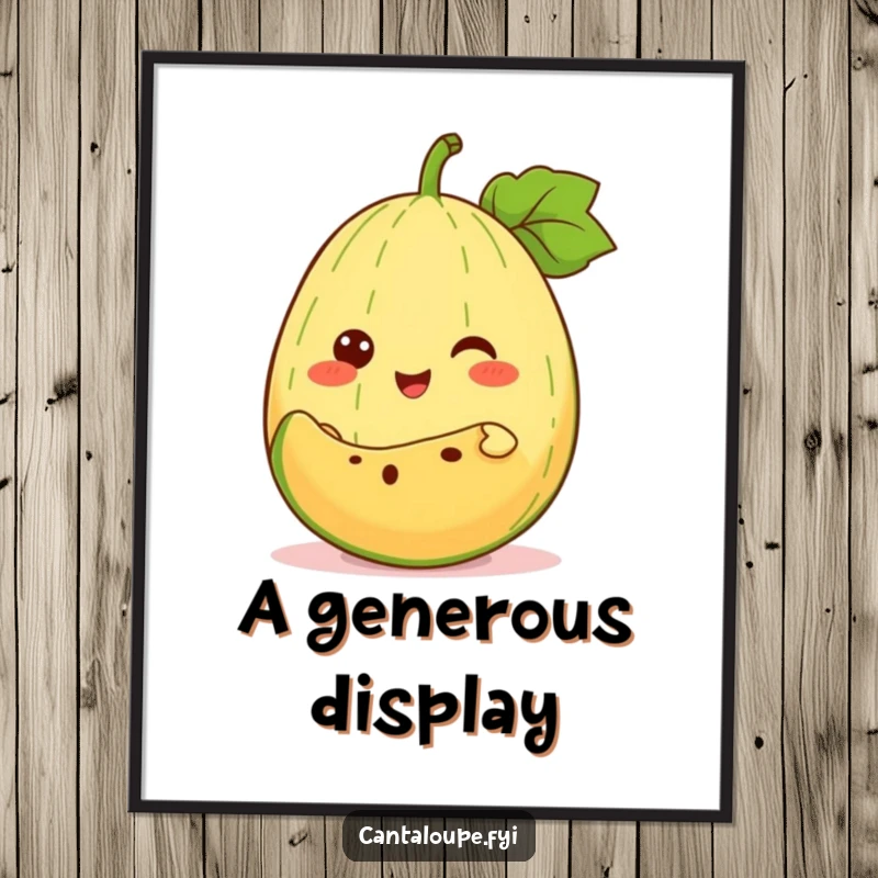 Funny Poster: An anthropomorphic cantaloupe cheerfully offers a slice of itself, embodying generosity and vibrant fruity art.
