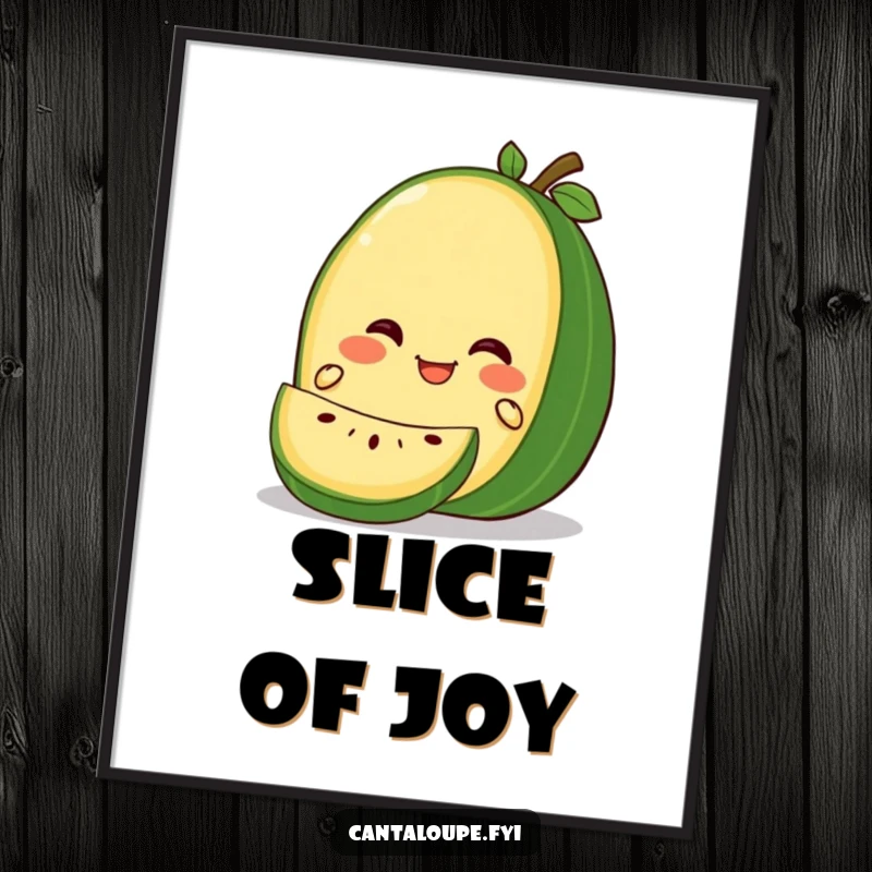Funny Gleeful Cantaloupe Poster: Art depicting a cantaloupe character with an ecstatic smile during a gentle slicing process, adding quirky humor to walls.