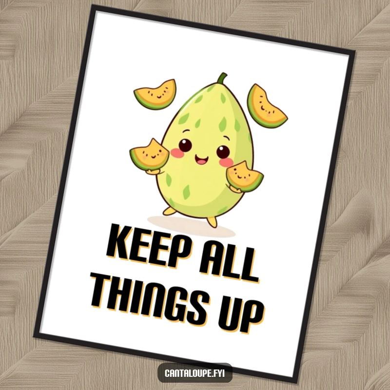 Funny Poster: A cantaloupe character juggles smiling melon wedges with impressive skill. A delightful funny gift.