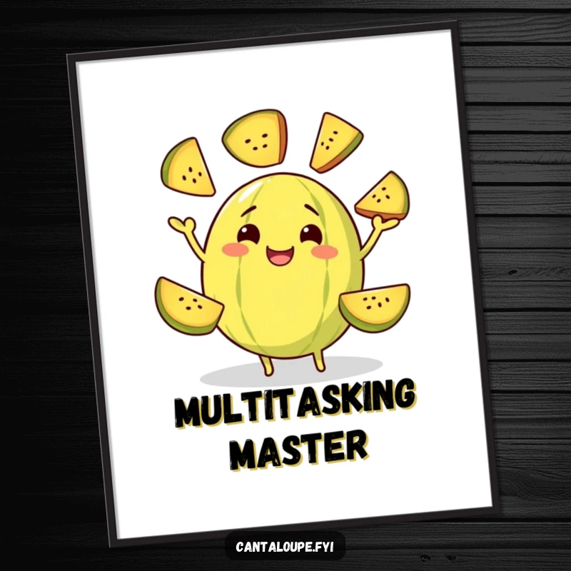 Funny poster of a grinning cantaloupe character skillfully juggling multiple pieces of itself, showcasing a humorous and impressive act.