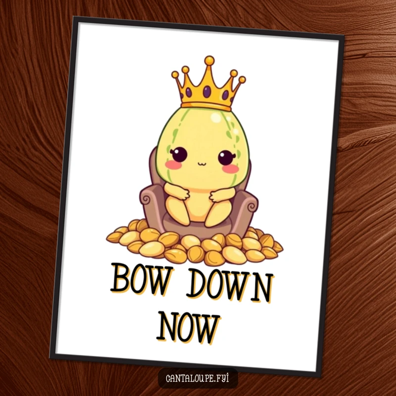 Funny poster depicting a cantaloupe character wearing a crown and sitting upon a throne meticulously crafted from cantaloupe seeds, exuding regal humor.