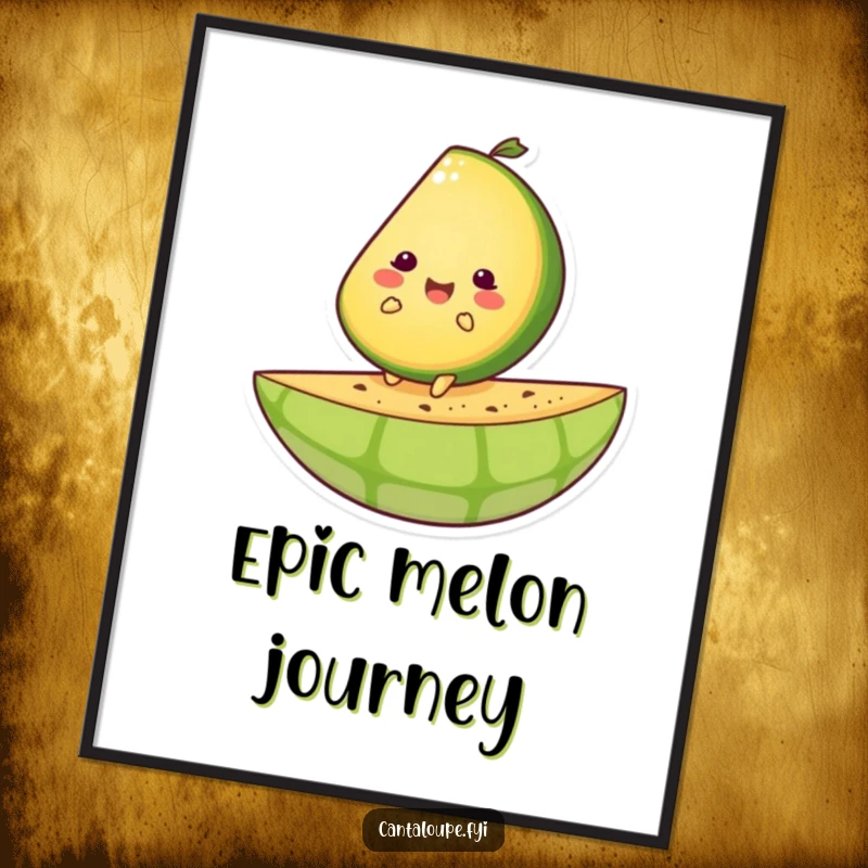 Funny poster depicting a happy cantaloupe slice character joyfully riding on a large melon rind.