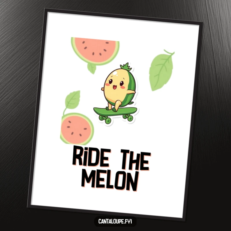 Funny poster of a cantaloupe character confidently riding a giant watermelon as a skateboard, capturing a moment of radical fruity action.