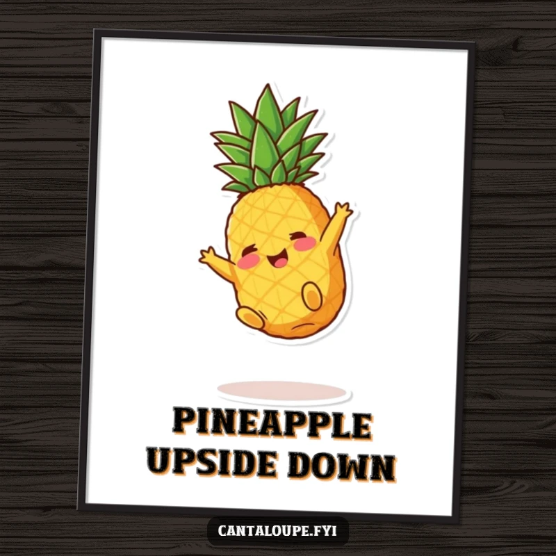 Funny Pineapple Poster: Dynamic artwork of a charming pineapple chunk character executing a playful somersault, adding humor to decor.