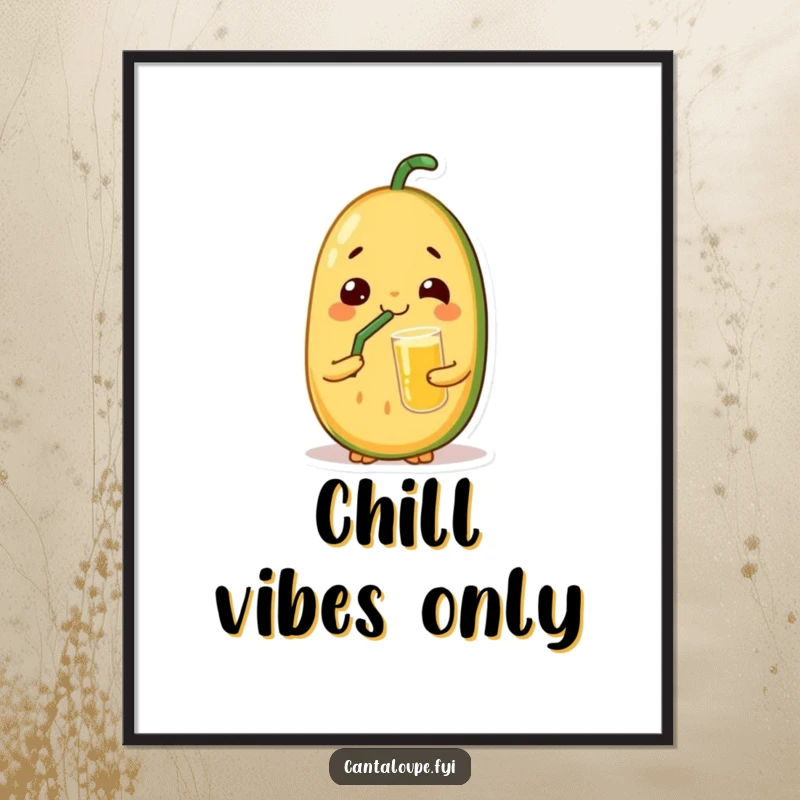 Funny poster of a cantaloupe character with a deeply satisfied expression, leisurely sipping juice through a straw, embodying pure relaxation.
