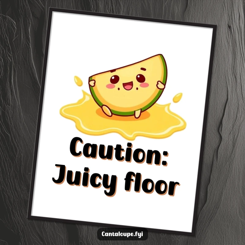Funny poster depicting a cantaloupe slice character comically slipping and falling on a puddle of juice.