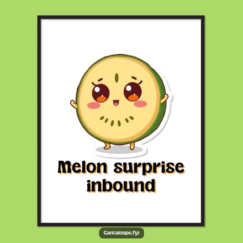 Funny Surprise Poster: Cantaloupe Bounce, Wide-Eyed Fruit Art Print Gift