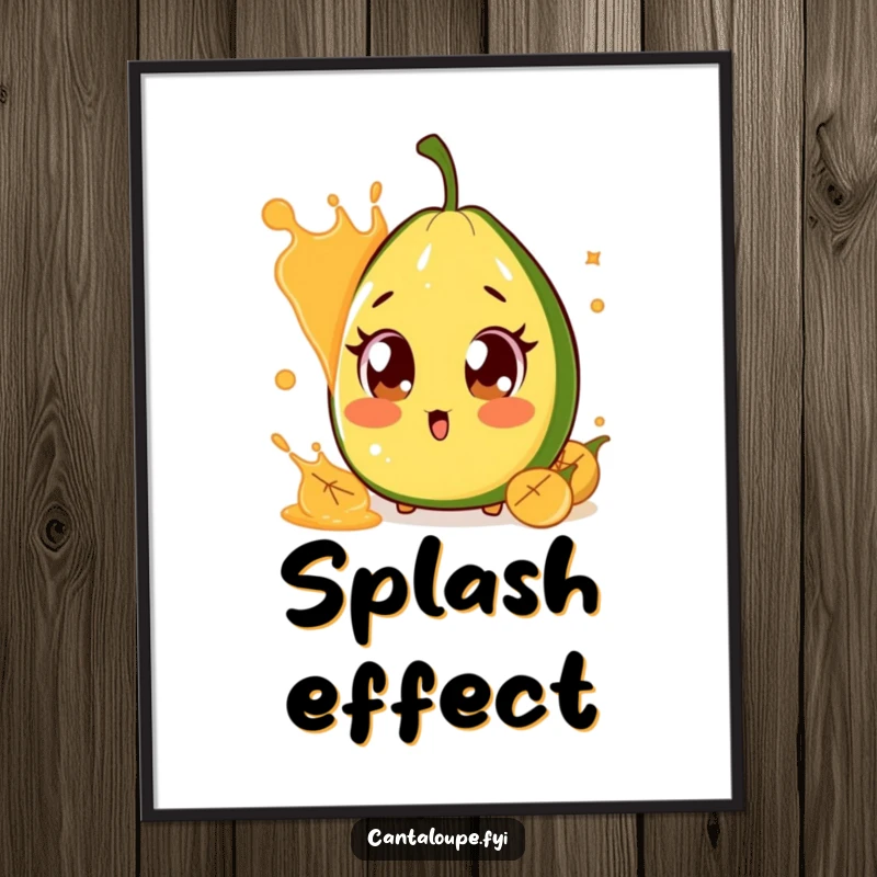 Funny Surprised Cantaloupe Poster: Art depicting a cantaloupe character with huge, shocked eyes, reacting to a sudden splash of juice, adding humorous drama to walls.