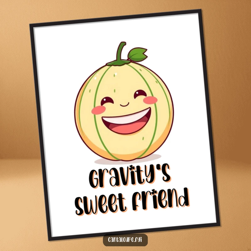 Funny Cantaloupe Poster: Artwork of a round cantaloupe with a gigantic grin tumbling down a slope, symbolizing unrestrained happiness.