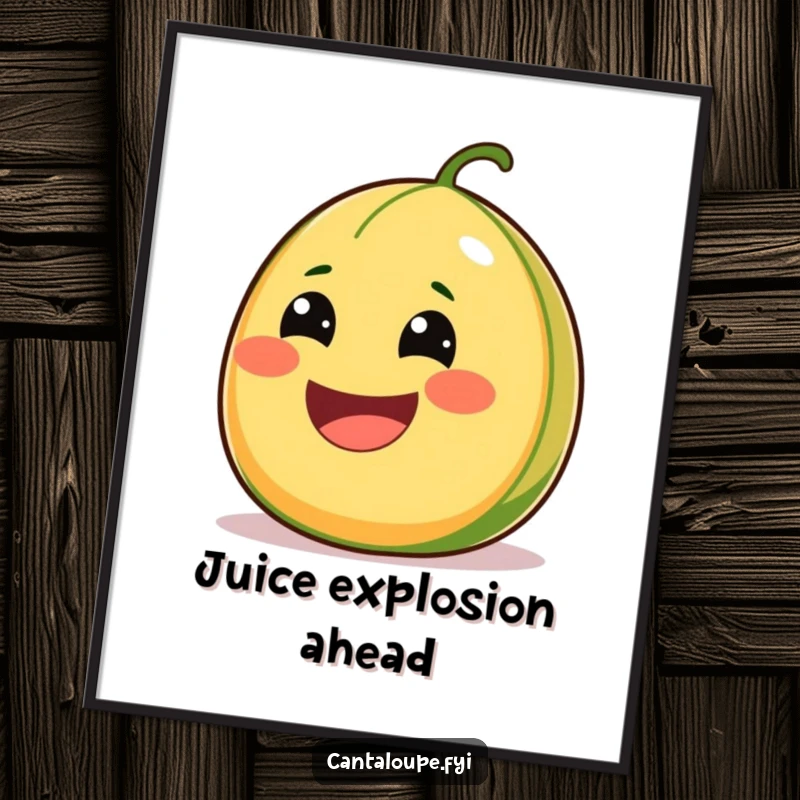 Funny Cantaloupe Poster featuring a character with a comically wide smile, bursting with juiciness and radiating pure, cheerful delight.