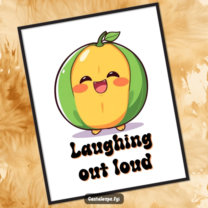Funny cantaloupe half poster, captured in a big, juicy laugh, bringing vibrant humor and cheerful energy to wall decor.
