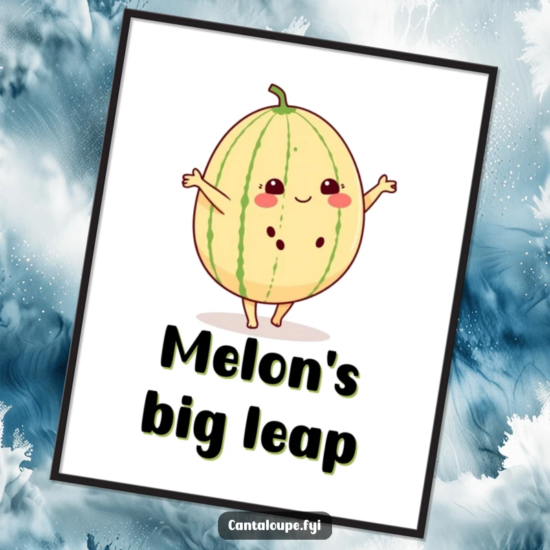 Funny poster art of a cheerful cantaloupe with small feet, doing a cartwheel with great delight.