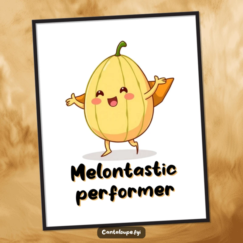 Funny cantaloupe character doing a silly dance, its rind fashioned into a superhero cape, creating vibrant and humorous wall art.