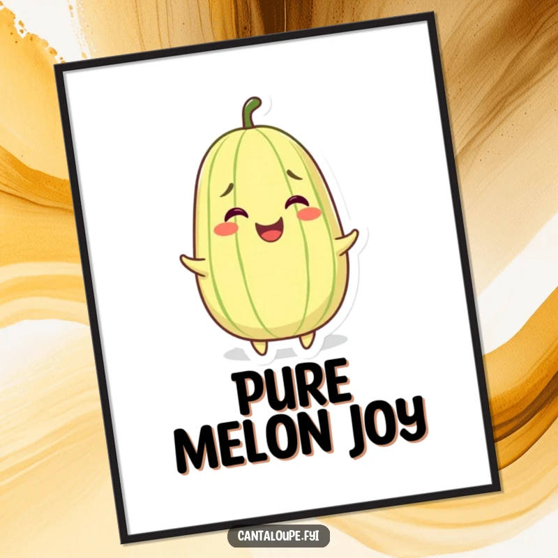 Funny poster of a grinning cantaloupe character wiggling ecstatically, radiating pure joy and positive vibes.