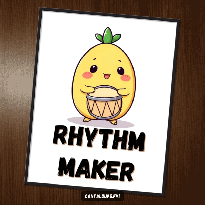 Funny Drumming Cantaloupe Poster: Art depicting a cantaloupe character enthusiastically playing a small drum, bringing vibrant musical energy to walls.