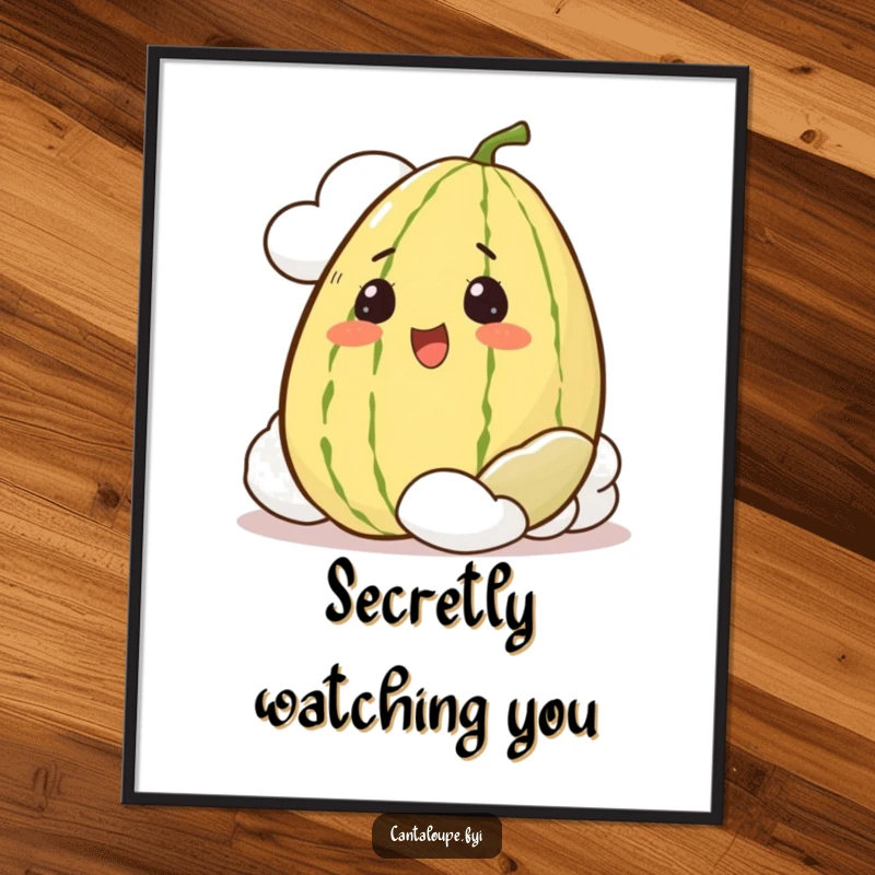 Funny Poster artwork of a whole cantaloupe character with an excited face, peeking out from behind a fluffy cloud.