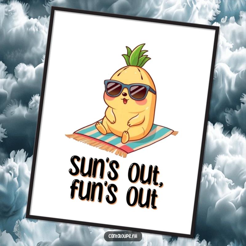 Funny cantaloupe character with sunglasses relaxing on a beach towel, a humorous tropical escape for wall decor.