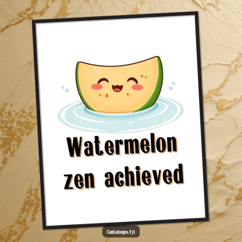 Funny poster art of a giggling cantaloupe slice character happily bobbing in water, perfect for adding a cheerful and refreshing touch.