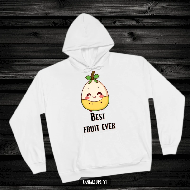 Funny cantaloupe character with an excited expression, ready to mingle in a fruit salad, featured on a cozy hoodie.