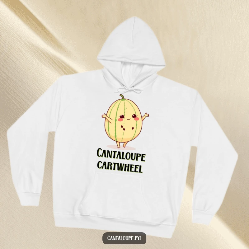 Funny hoodie featuring a cheerful cantaloupe character with small feet, doing a cartwheel with delight.