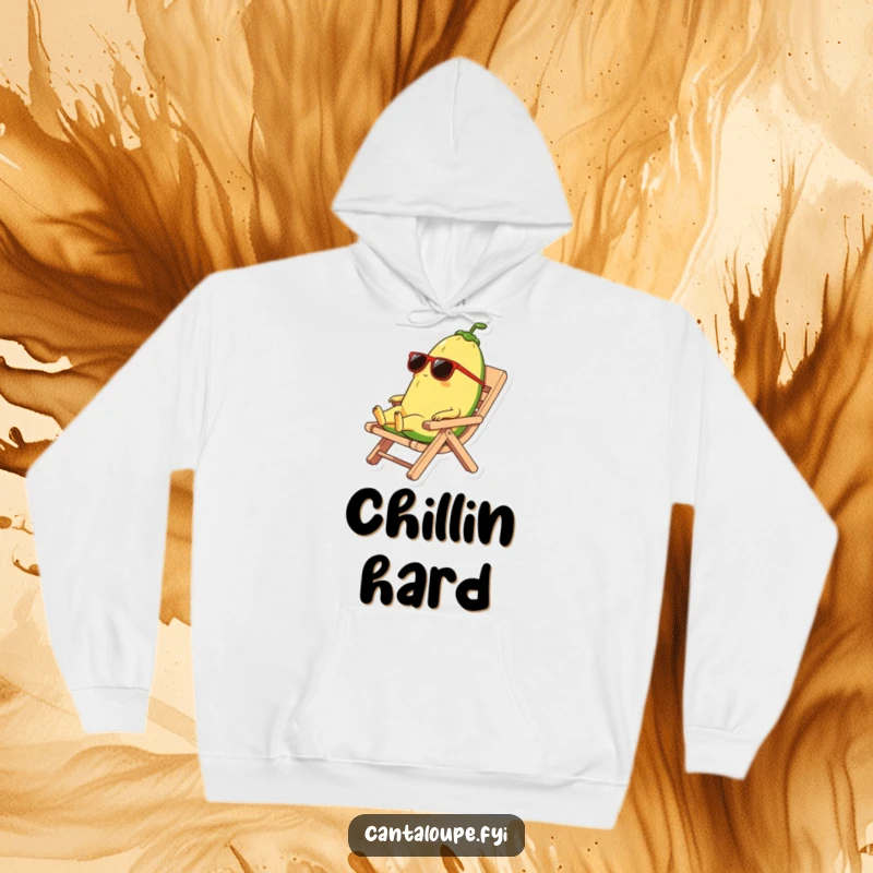 Funny hoodie showcasing a cantaloupe character wearing stylish sunglasses and relaxing deeply on a unique beach chair made of rind.