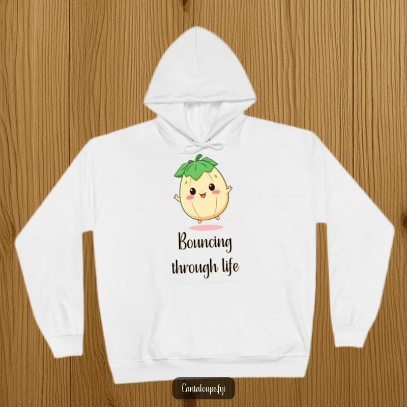 Funny Hoodie with a happy cantaloupe character bouncing with glee, perfect for cozying up with a smile.