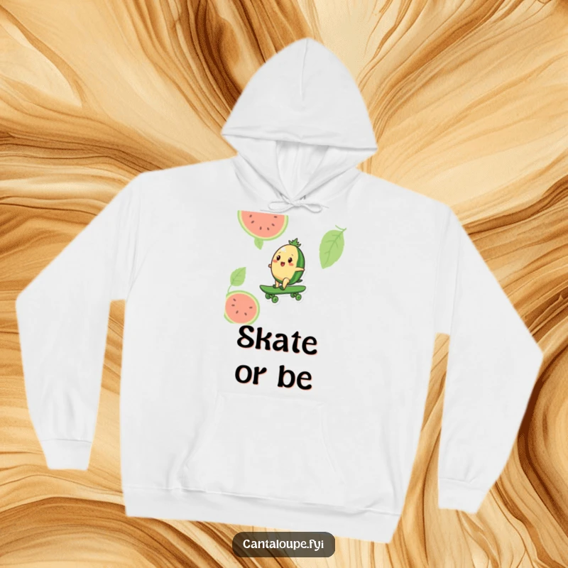 Funny hoodie featuring a cantaloupe character riding a giant watermelon like a skateboard, perfect for staying warm and stylish.