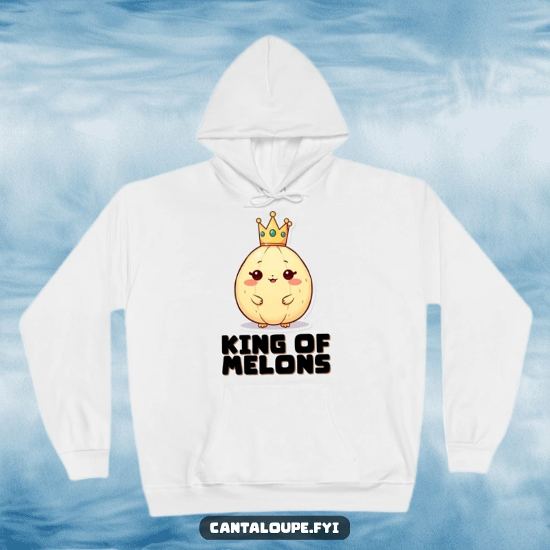 Funny cantaloupe character in a tiny crown, featured on a soft hoodie, offering regal comfort and a witty vibe.