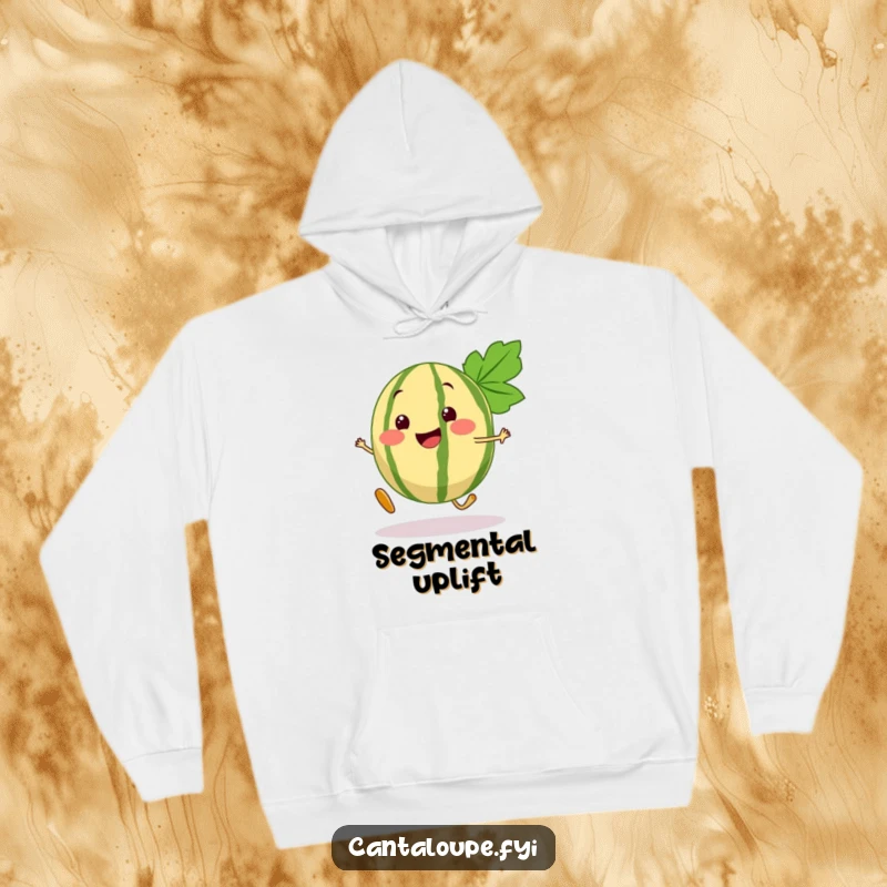Funny Cantaloupe Hoodie featuring a jubilant cantaloupe segment character taking a confident, bouncy step, perfect for comfort.