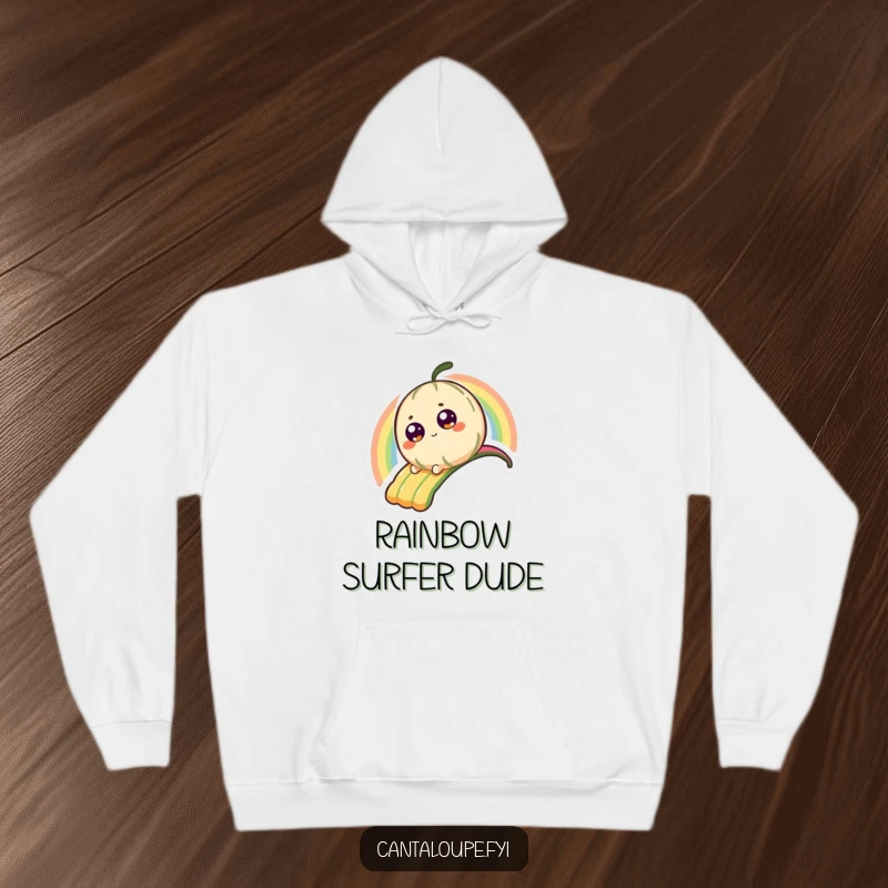 Funny Hoodie with a small, happy cantaloupe character making a swift, joyful slide down a bright, arching rainbow.