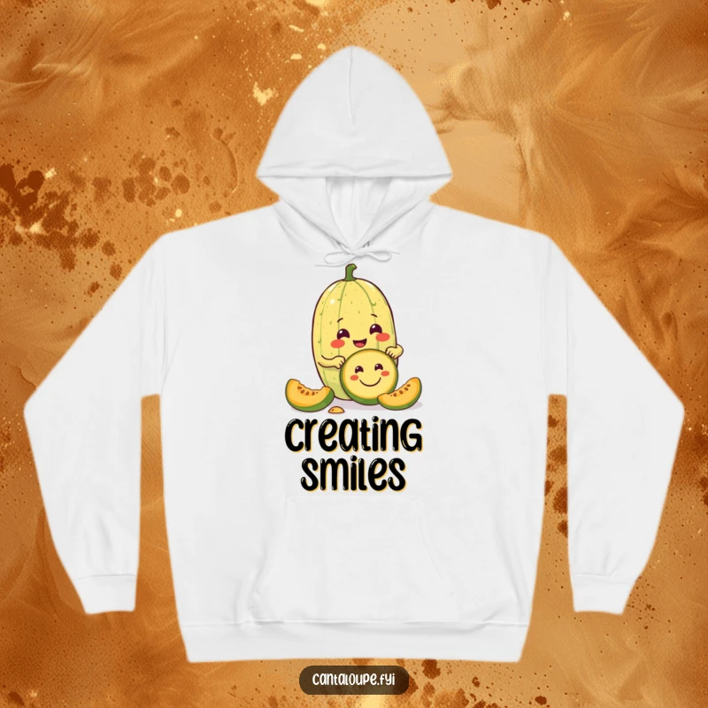 Funny hoodie showcasing a cantaloupe character enthusiastically carving a smiley face into another melon, demonstrating passion for art.