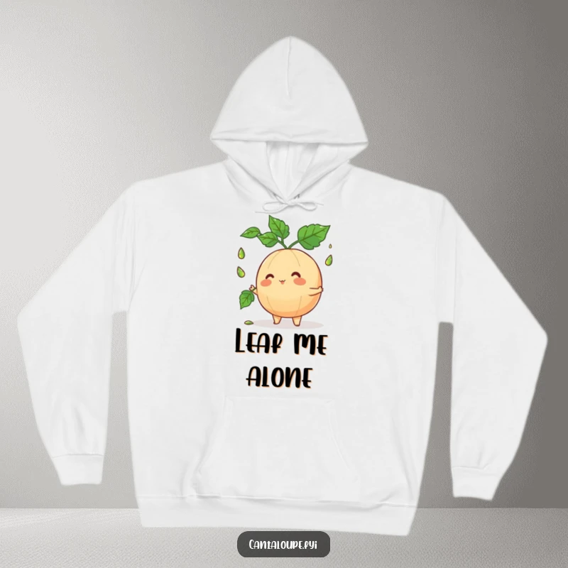 Funny cantaloupe character performing a leaf-juggling act, designed on a soft hoodie for ultimate comfort and comedic effect.