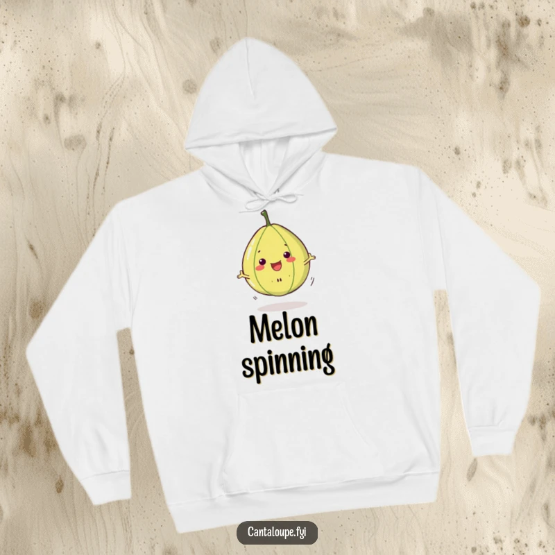 Funny Cantaloupe Slice Hoodie: A smiling, anthropomorphic cantaloupe piece performing an energetic and cheerful spin, perfect for cozy, fun wear.