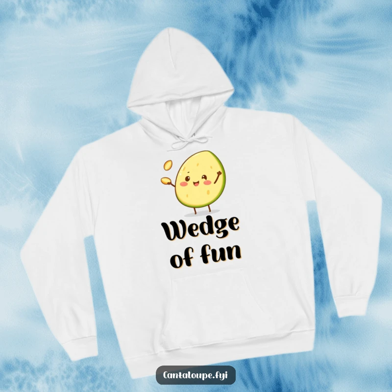 Funny Hoodie showcasing a cheerful cantaloupe wedge character juggling three tiny cantaloupe seeds, perfect for cozy creative sessions.